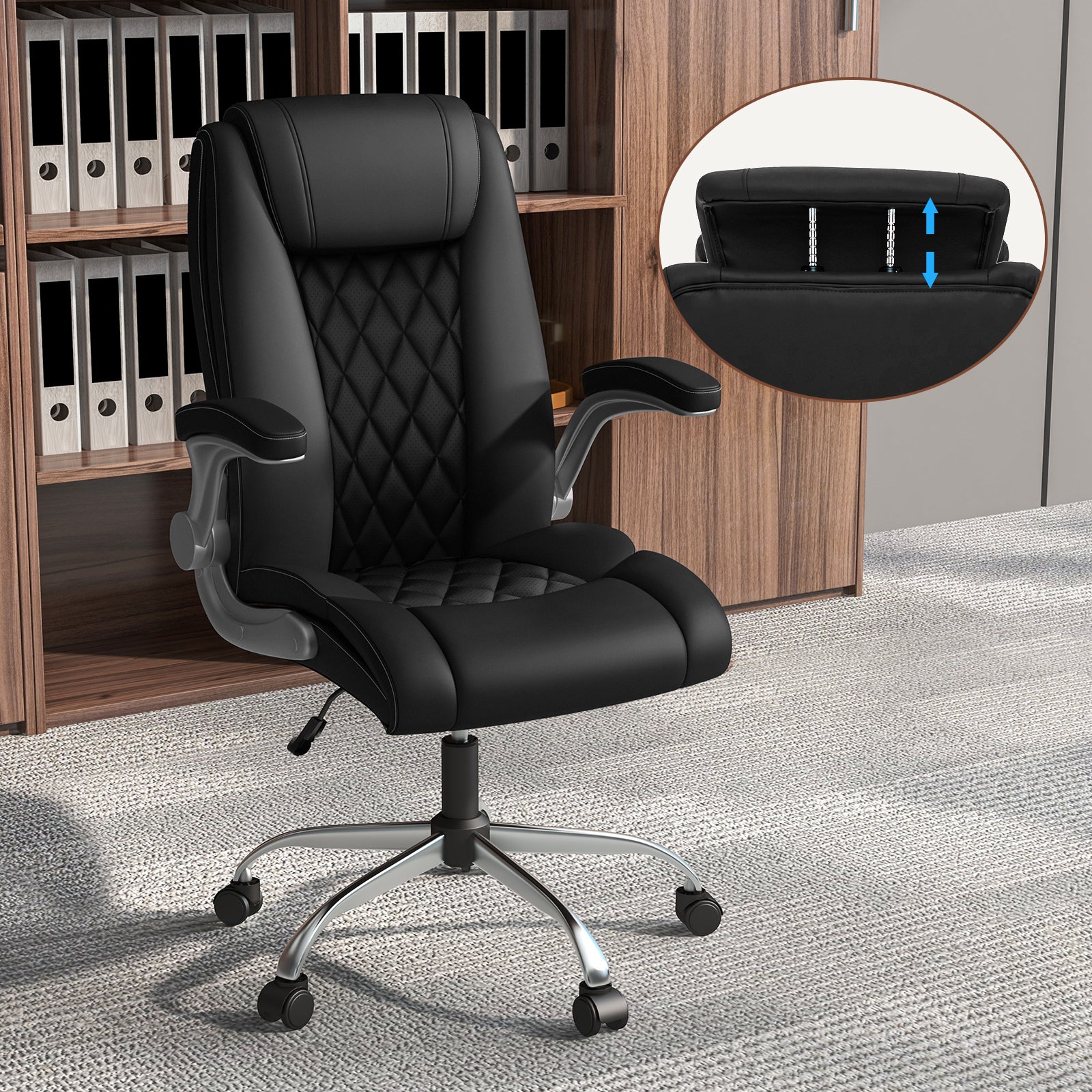 Modern Height Adjustable PU Leather Office Chair with Rocking Function, Black Executive Chairs at Gallery Canada