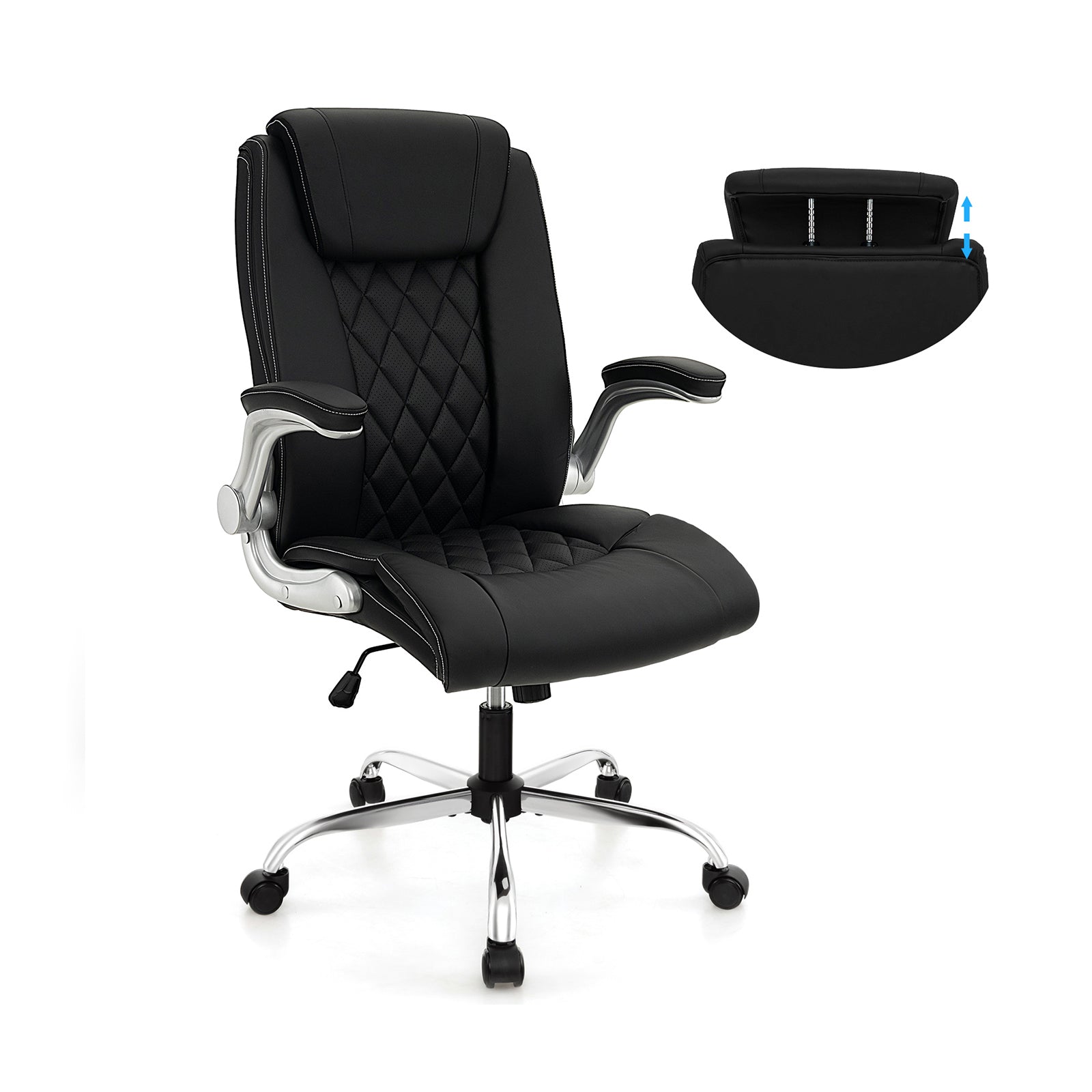 Modern Height Adjustable PU Leather Office Chair with Rocking Function, Black Executive Chairs Black at Gallery Canada