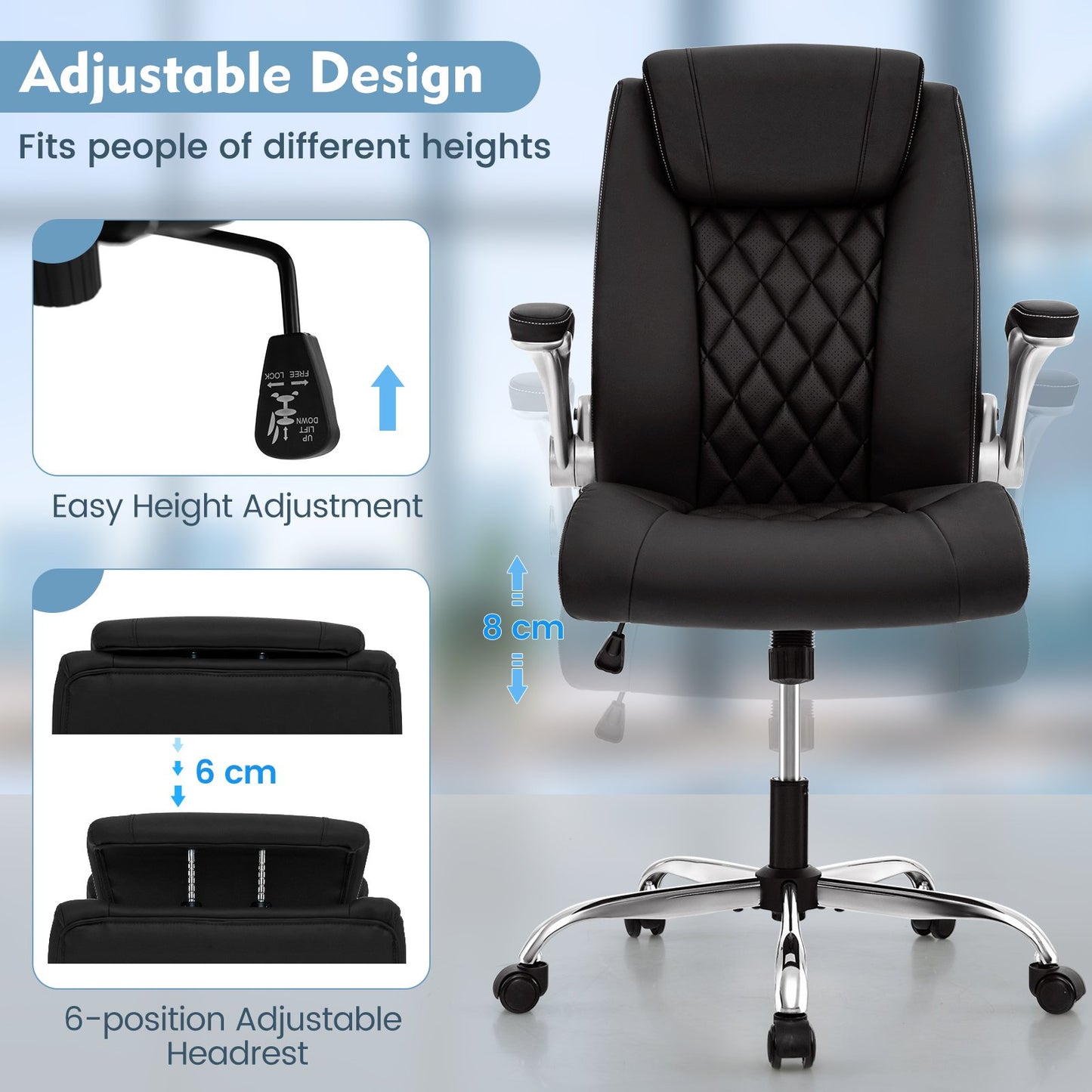 Modern Height Adjustable PU Leather Office Chair with Rocking Function, Black