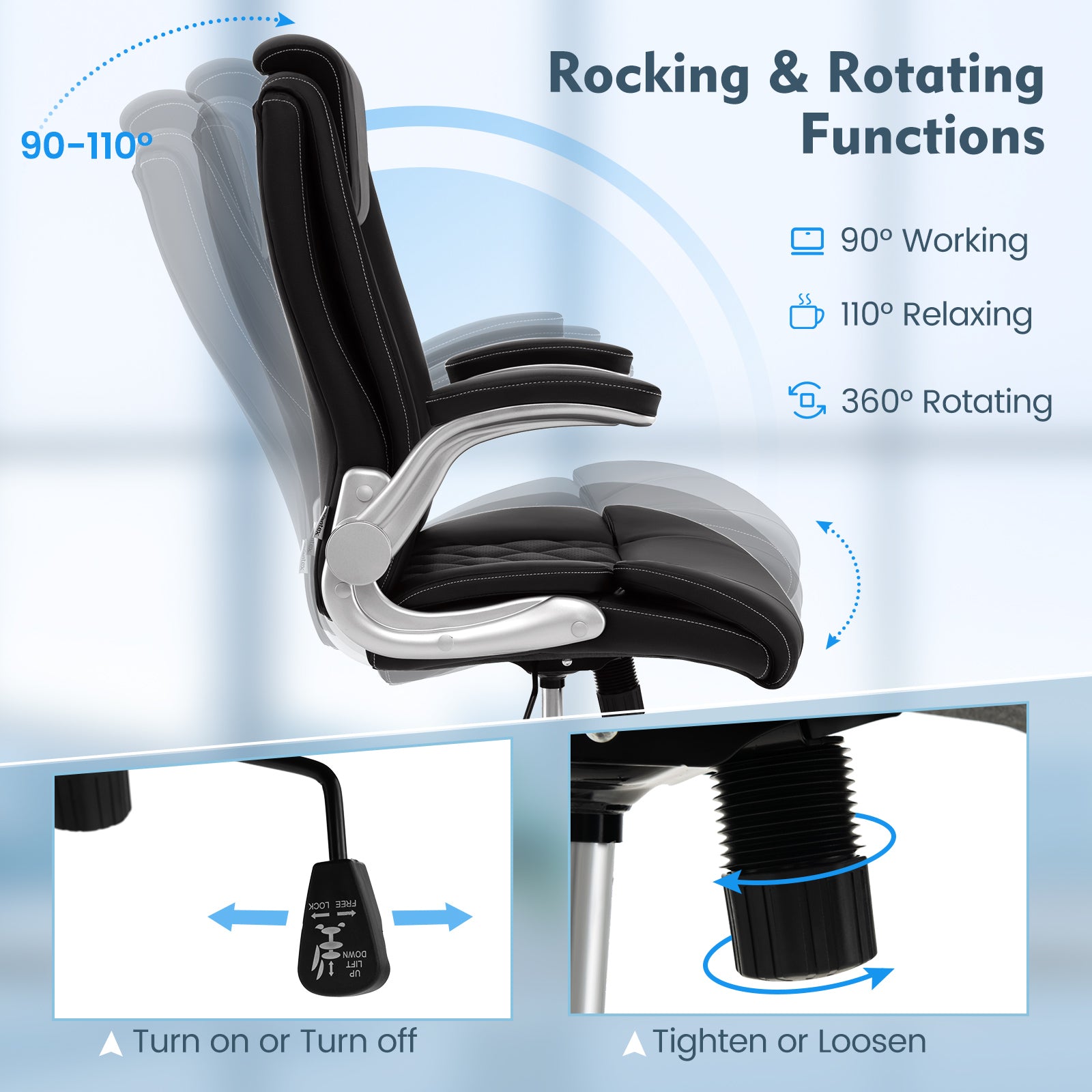 Modern Height Adjustable PU Leather Office Chair with Rocking Function, Black Executive Chairs at Gallery Canada