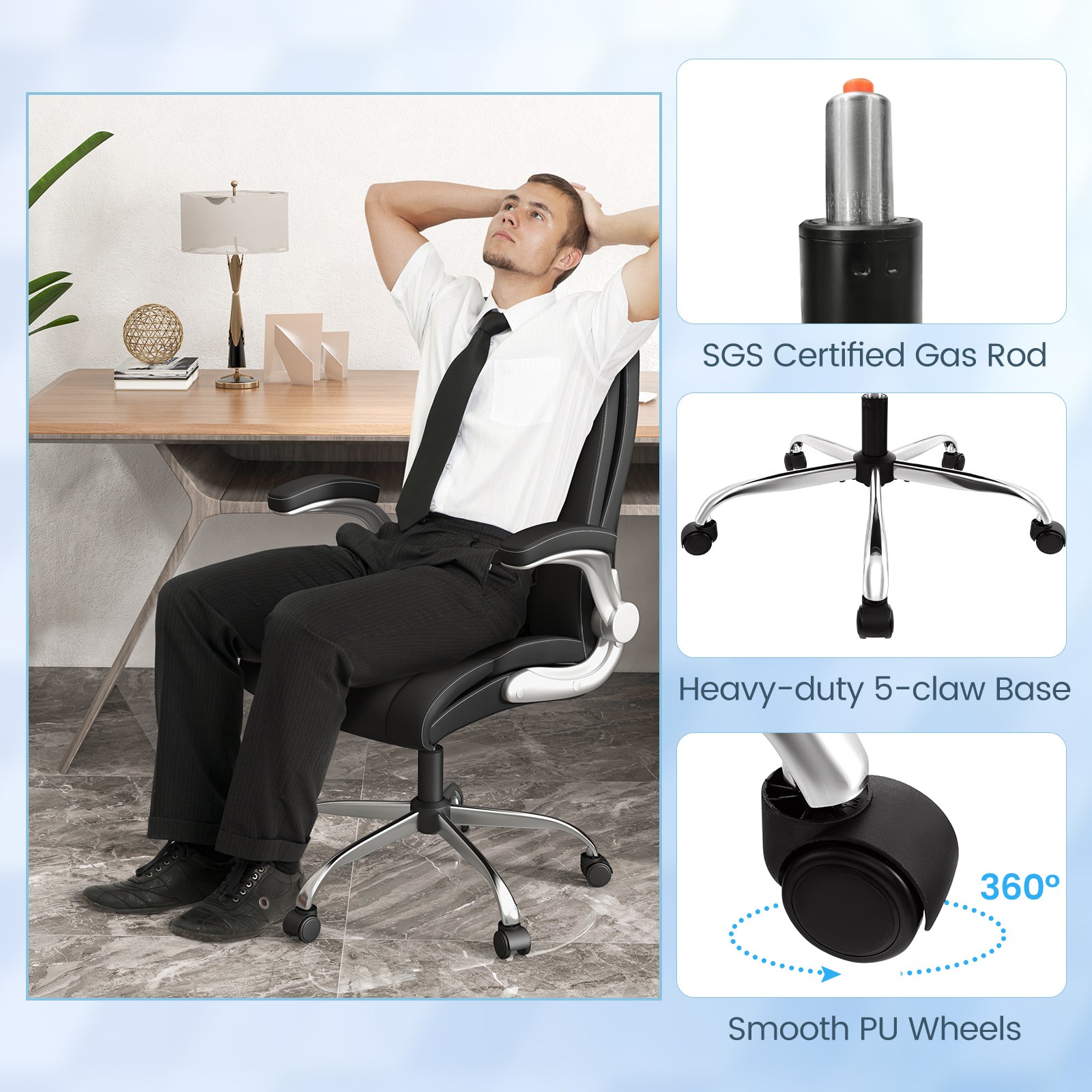 Modern Height Adjustable PU Leather Office Chair with Rocking Function, Black Executive Chairs at Gallery Canada