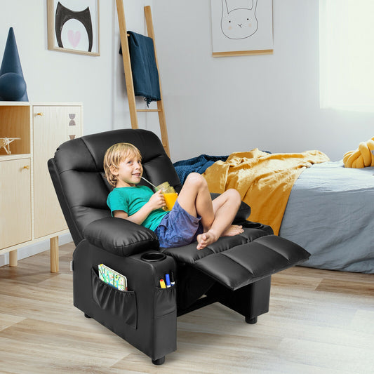 Kids Recliner Chair with Cup Holder and Footrest for Children, Black Kids Chairs & Seating Black at Gallery Canada