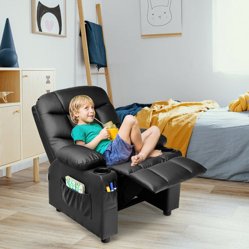 Kids Recliner Chair with Cup Holder and Footrest for Children, Black