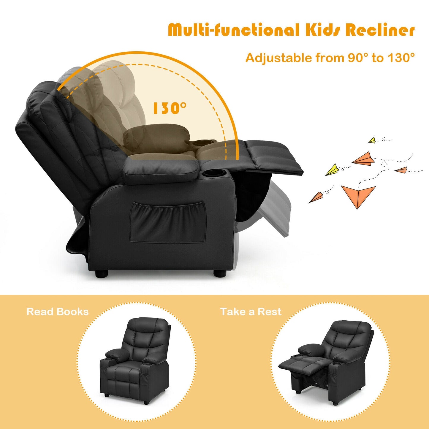 Kids Recliner Chair with Cup Holder and Footrest for Children, Black Kids Chairs & Seating at Gallery Canada