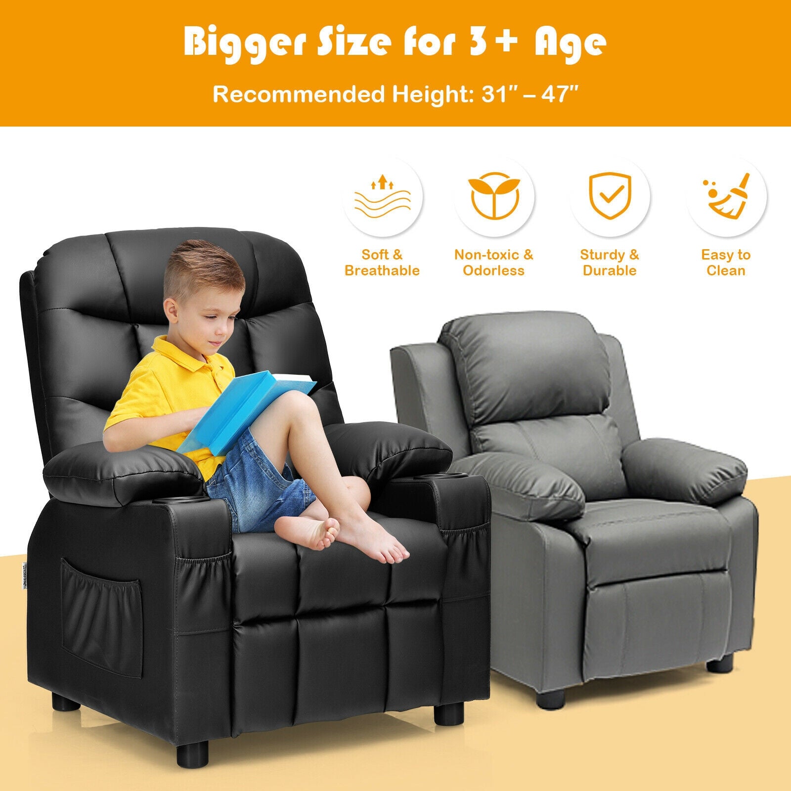 Kids Recliner Chair with Cup Holder and Footrest for Children, Black Kids Chairs & Seating at Gallery Canada