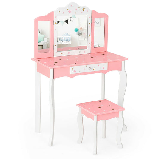Kids Princess Vanity Table and Stool Set with Tri-folding Mirror and Drawer, Pink - Gallery Canada