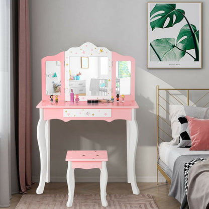 Kids Princess Vanity Table and Stool Set with Tri-folding Mirror and Drawer, Pink - Gallery Canada