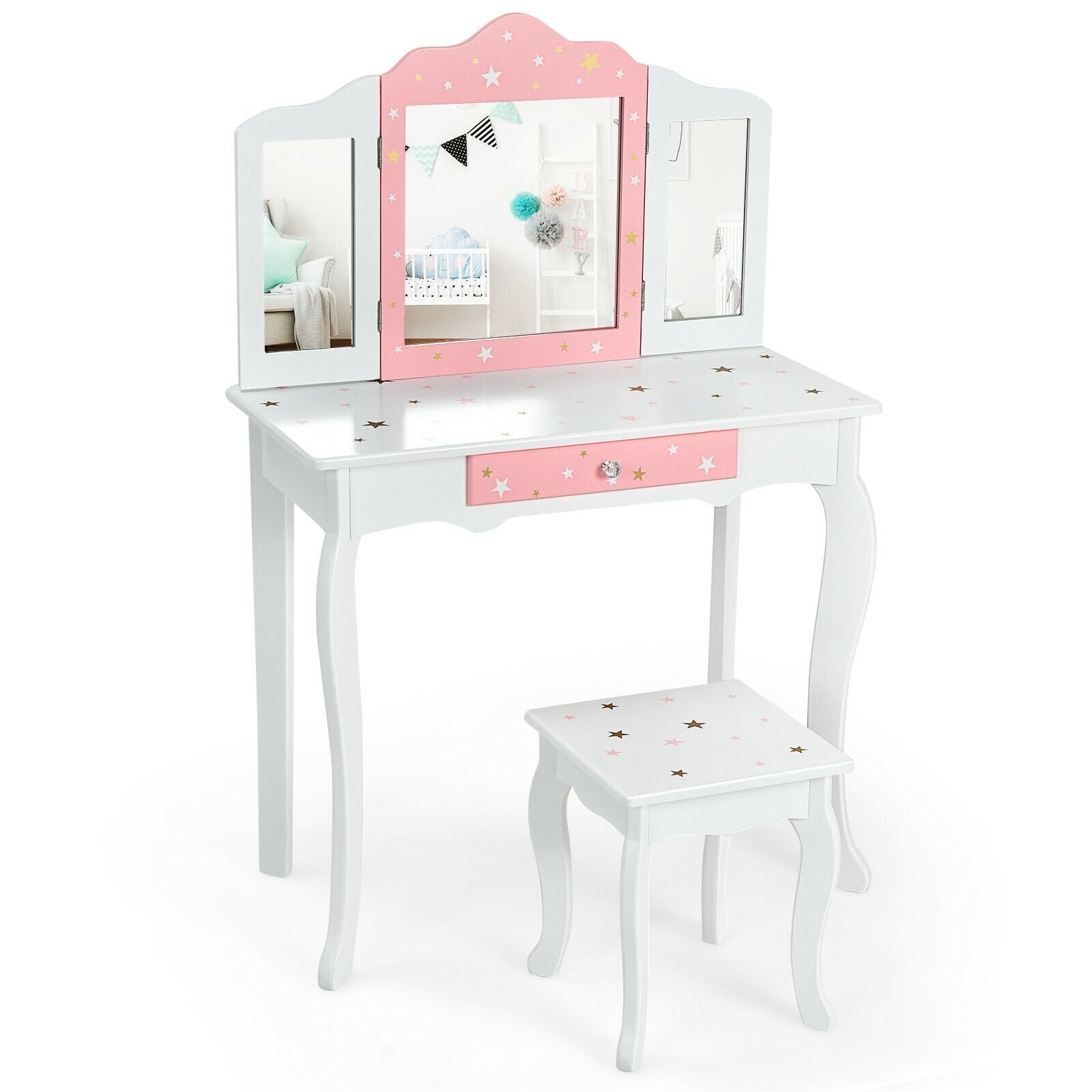 Kids Princess Vanity Table and Stool Set with Tri-folding Mirror and Drawer, White Kids Vanities White at Gallery Canada