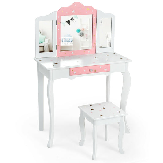 Kids Princess Vanity Table and Stool Set with Tri-folding Mirror and Drawer, White Kids Vanities White at Gallery Canada