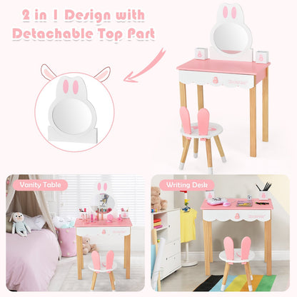 Kids Vanity Set Rabbit Makeup Dressing Table Chair Set with Mirror and Drawer, Pink - Gallery Canada