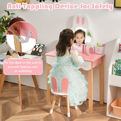Kids Vanity Set Rabbit Makeup Dressing Table Chair Set with Mirror and Drawer, Pink - Gallery Canada