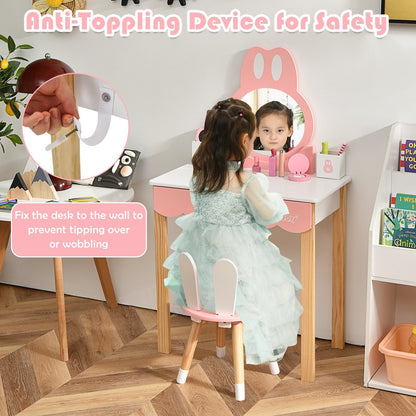 Kids Vanity Set Rabbit Makeup Dressing Table Chair Set with Mirror and Drawer, White - Gallery Canada
