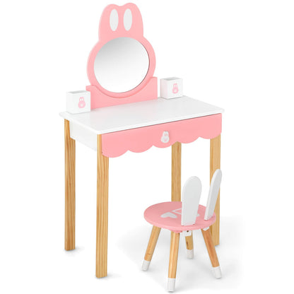 Kids Vanity Set Rabbit Makeup Dressing Table Chair Set with Mirror and Drawer, White - Gallery Canada