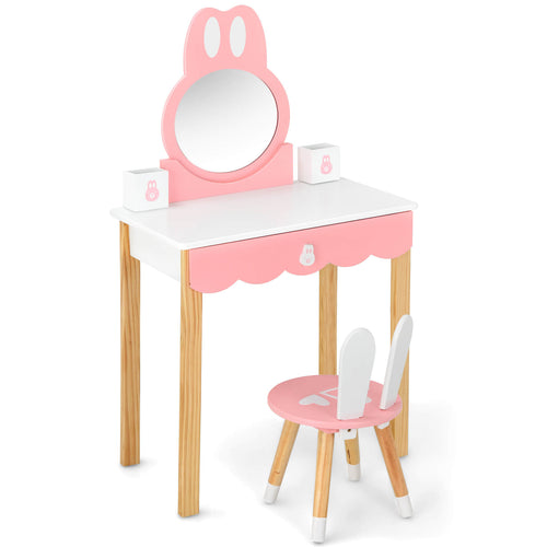Kids Vanity Set Rabbit Makeup Dressing Table Chair Set with Mirror and Drawer, White