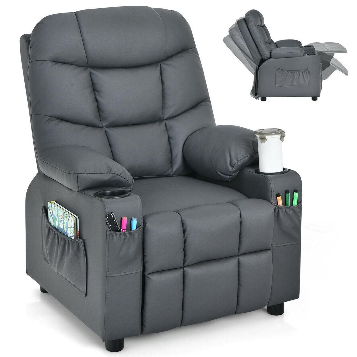 Kids Recliner Chair With Cup Holder, Footrest, Gray Kids Chairs & Seating at Gallery Canada