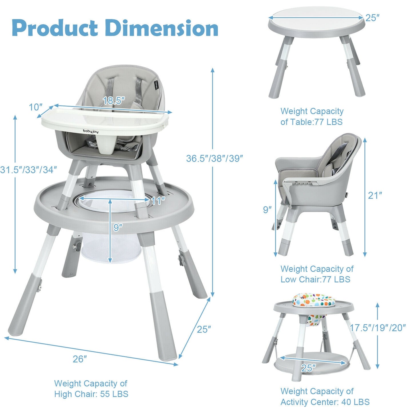6-in-1 Baby High Chair Infant Activity Center with Height Adjustment, Gray High Chairs at Gallery Canada