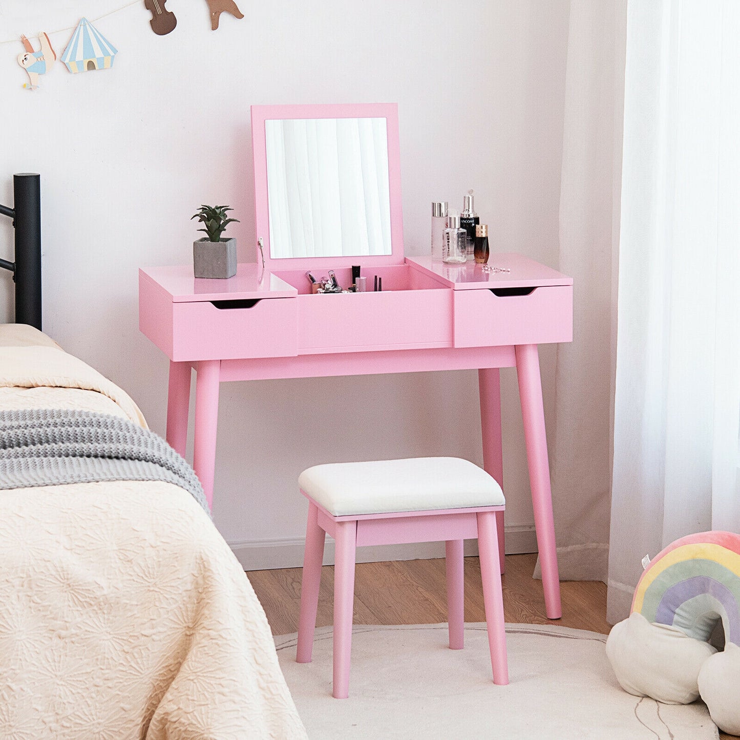 Table de maquillage avec miroir rabattable, 2 tiroirs, rose