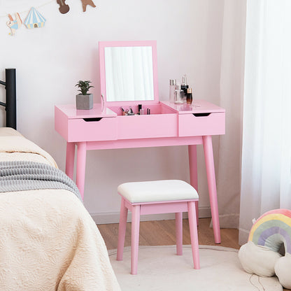Table de maquillage avec miroir rabattable, 2 tiroirs, rose