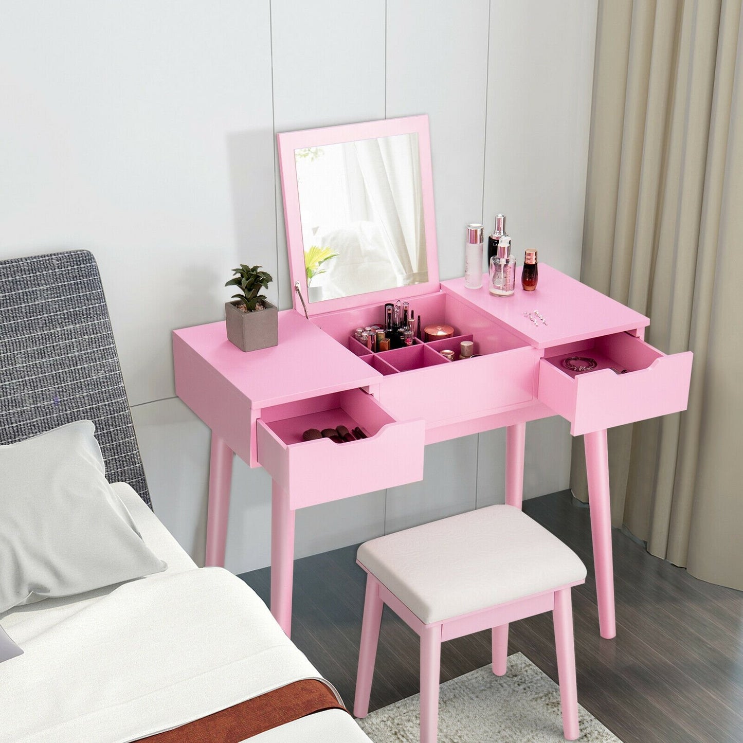 Makeup Vanity Table Set with Flip Top Mirror and 2 Drawers, Pink - Gallery Canada