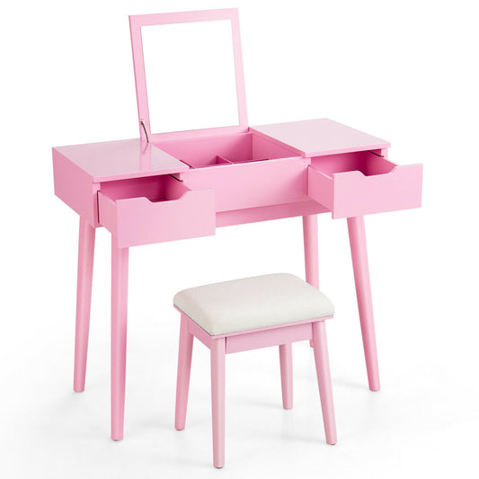 Makeup Vanity Table Set with Flip Top Mirror and 2 Drawers, Pink - Gallery Canada