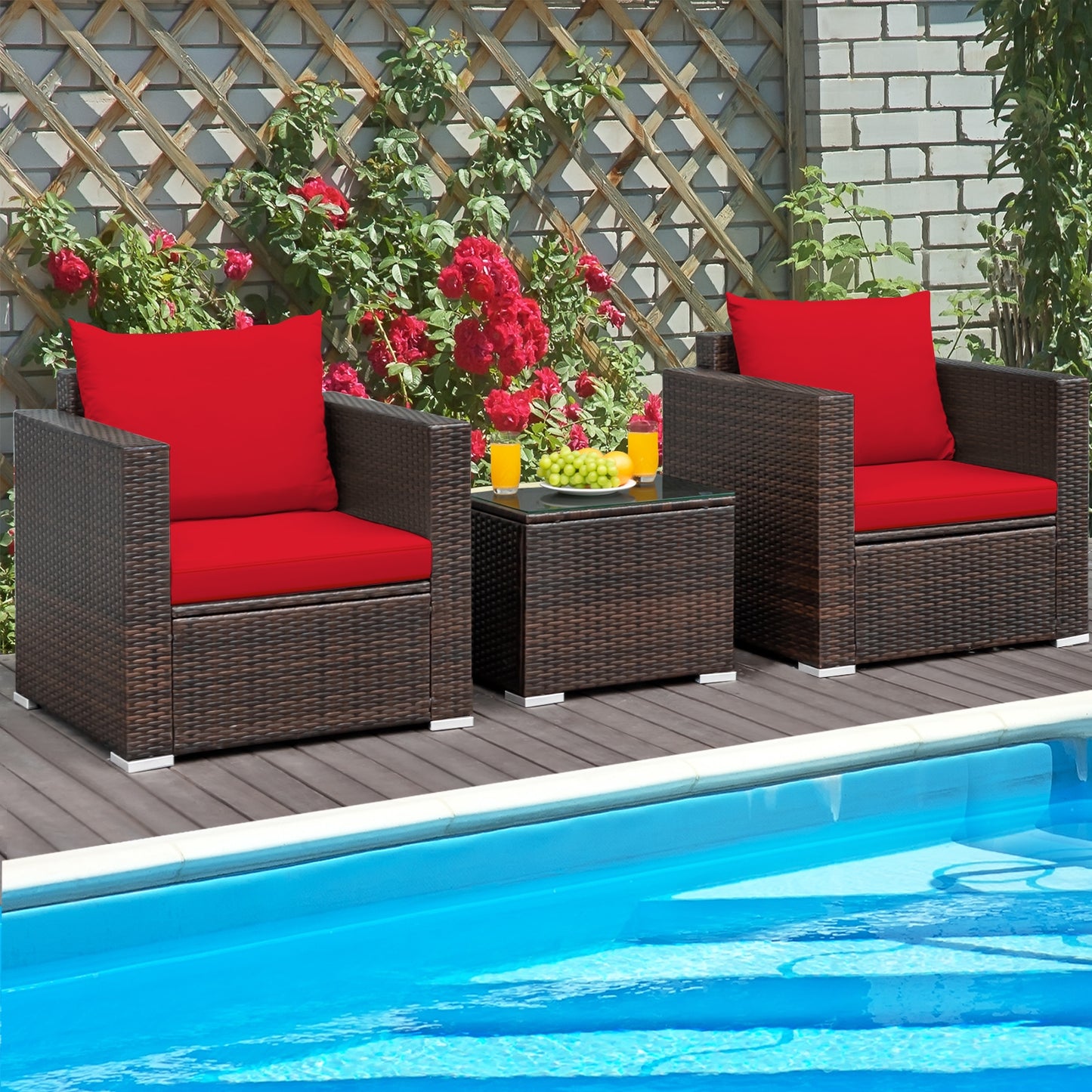 3 Pcs Patio Conversation Rattan Furniture Set with Cushion, Red Patio Conversation Sets at Gallery Canada