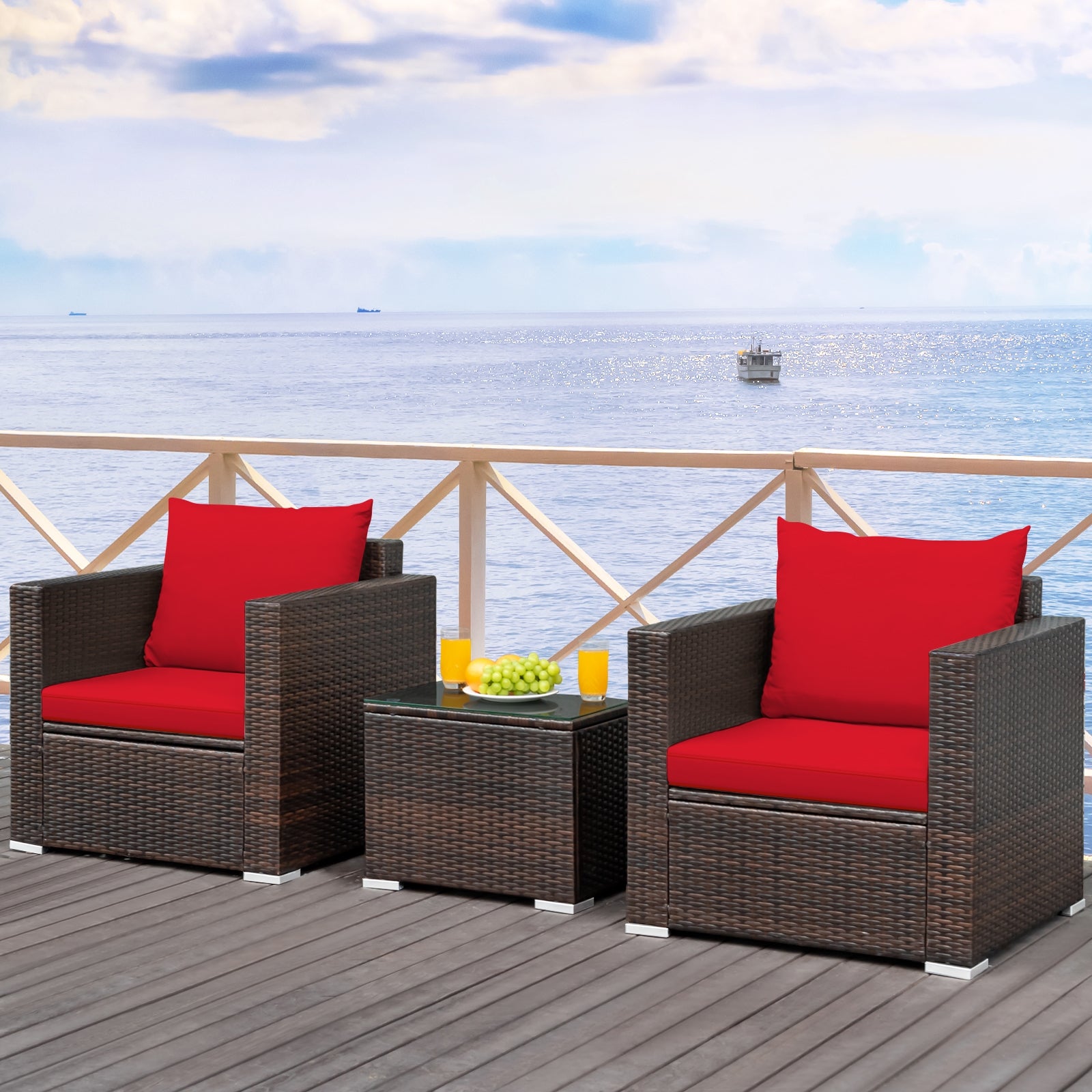 3 Pcs Patio Conversation Rattan Furniture Set with Cushion, Red Patio Conversation Sets at Gallery Canada