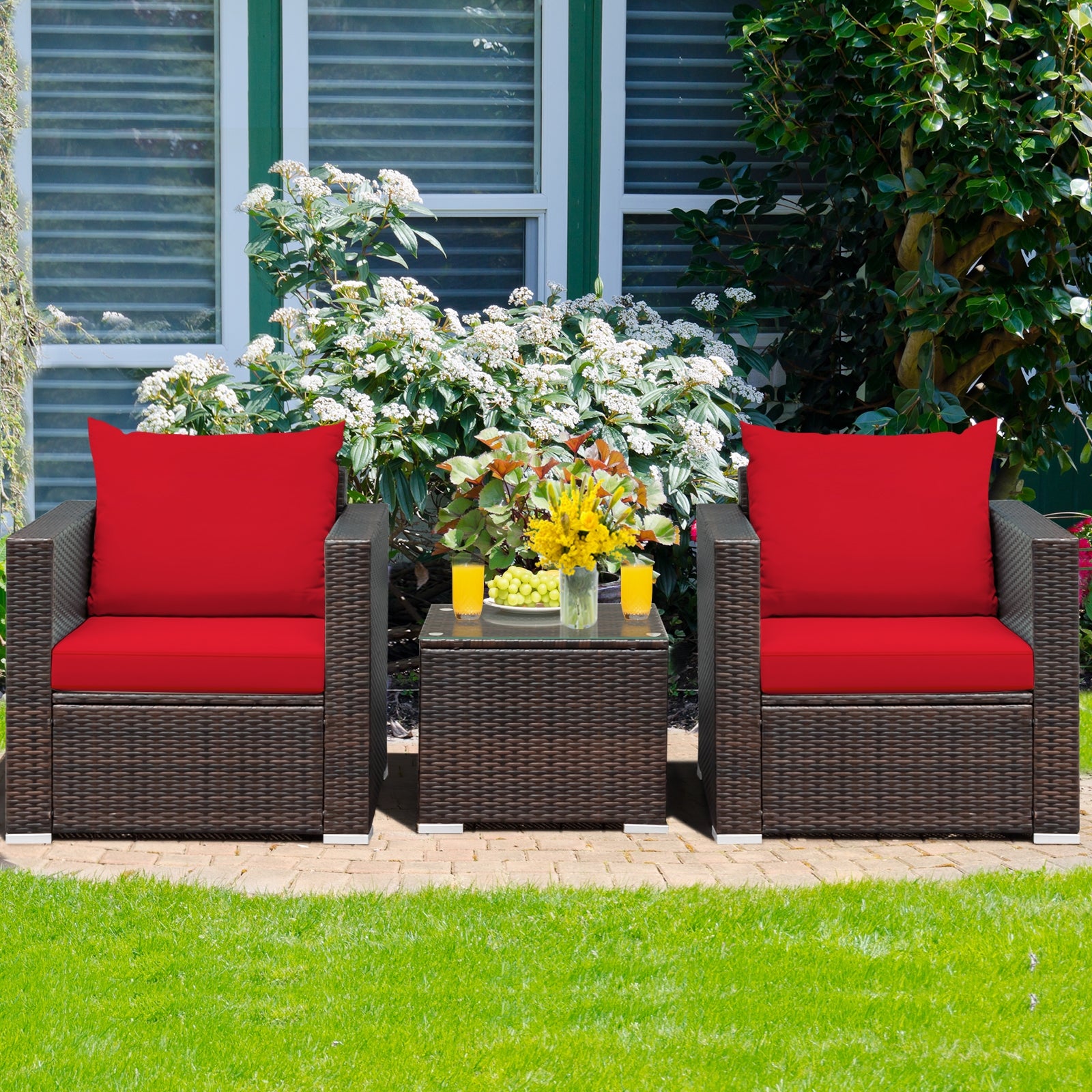 3 Pcs Patio Conversation Rattan Furniture Set with Cushion, Red Patio Conversation Sets at Gallery Canada