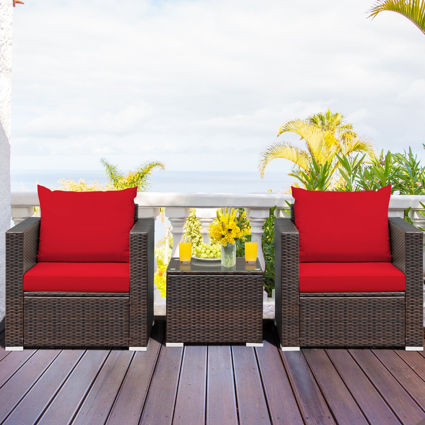 3 Pcs Patio Conversation Rattan Furniture Set with Cushion, Red Patio Conversation Sets at Gallery Canada
