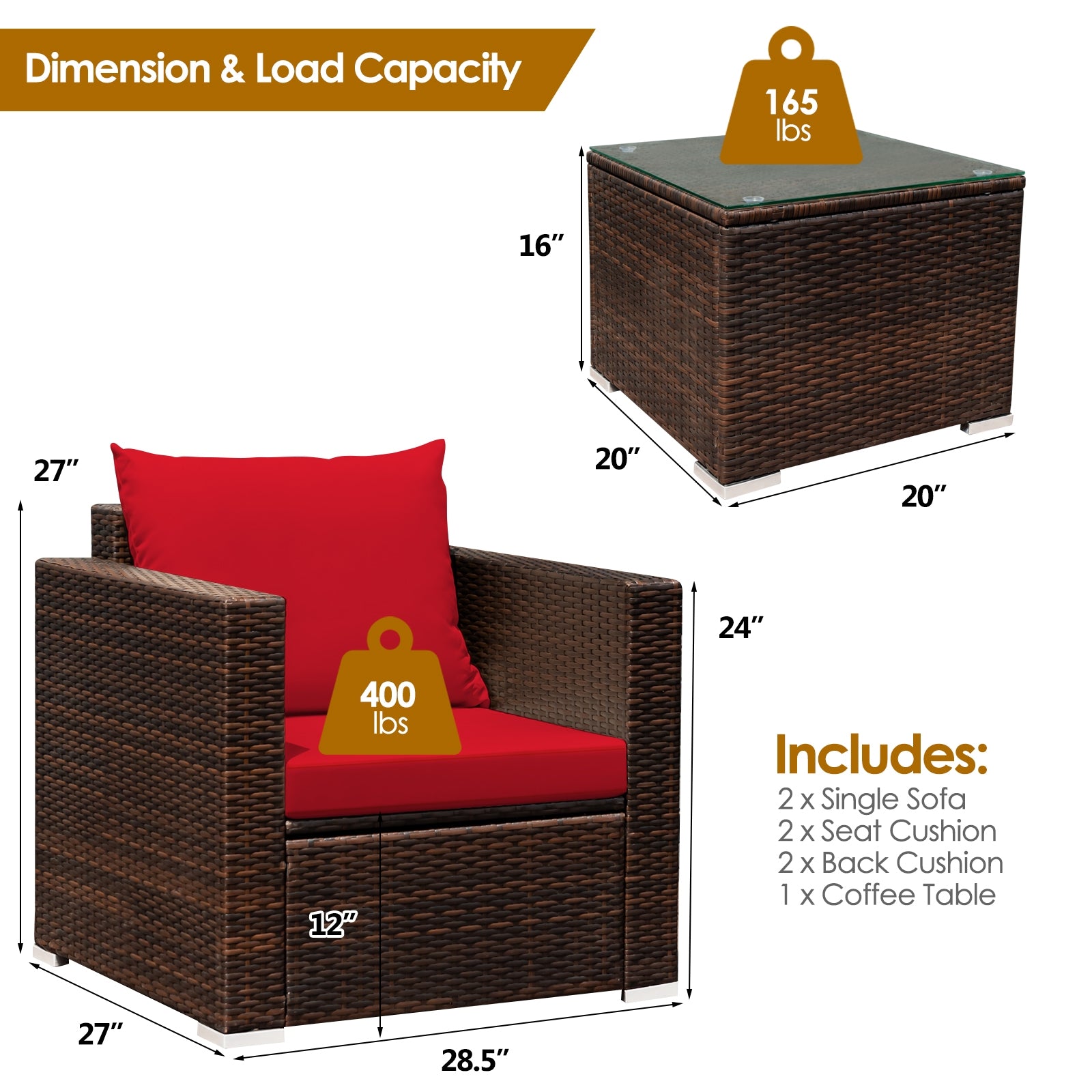 3 Pcs Patio Conversation Rattan Furniture Set with Cushion, Red Patio Conversation Sets at Gallery Canada