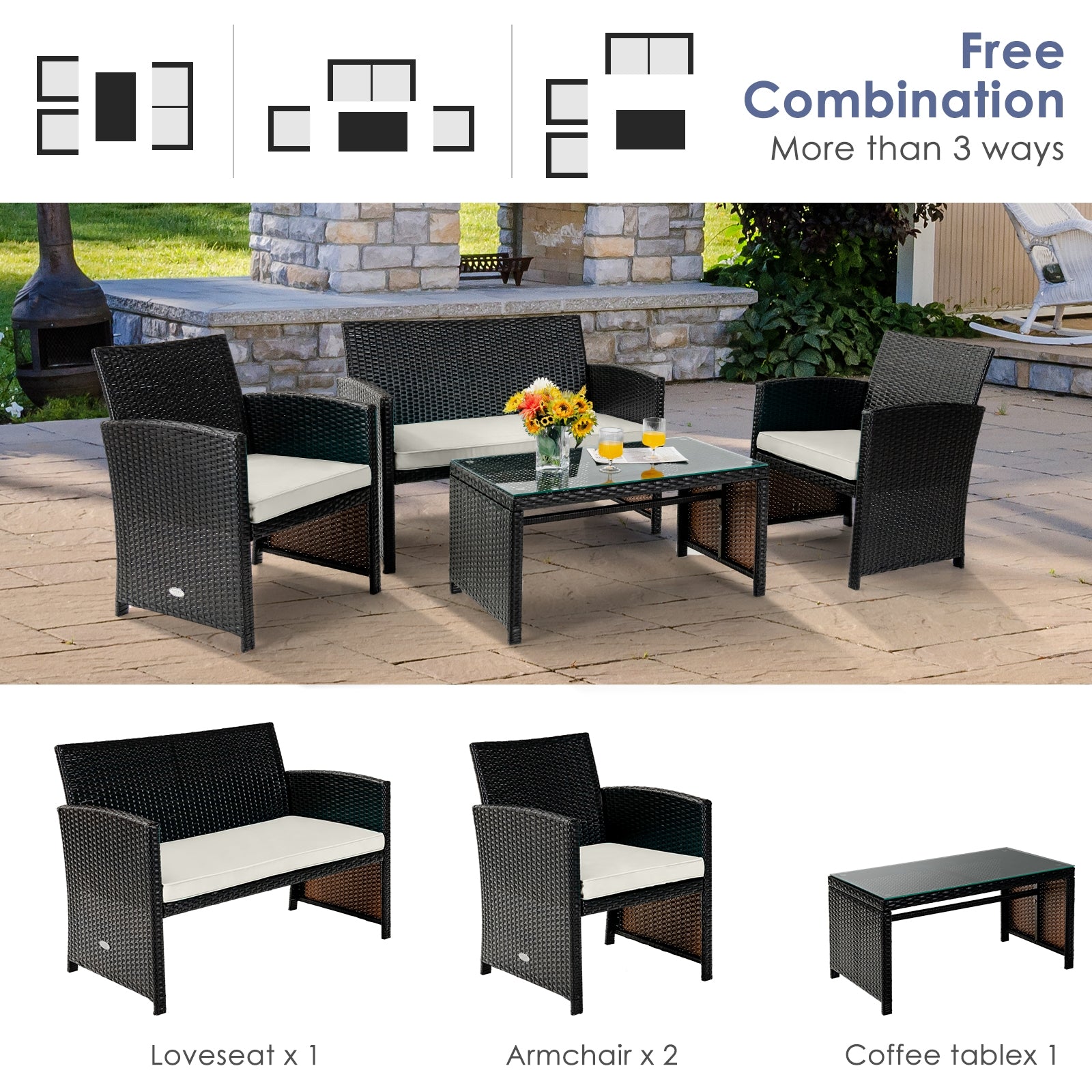 4Pcs Patio Rattan Cushioned Furniture Set, White Patio Conversation Sets at Gallery Canada