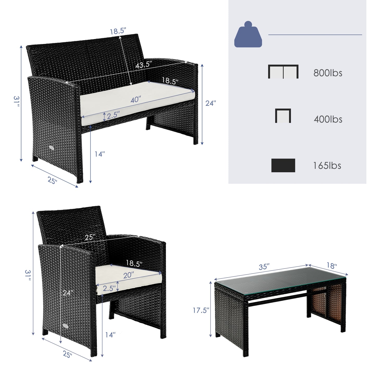 4Pcs Patio Rattan Cushioned Furniture Set, White Patio Conversation Sets at Gallery Canada