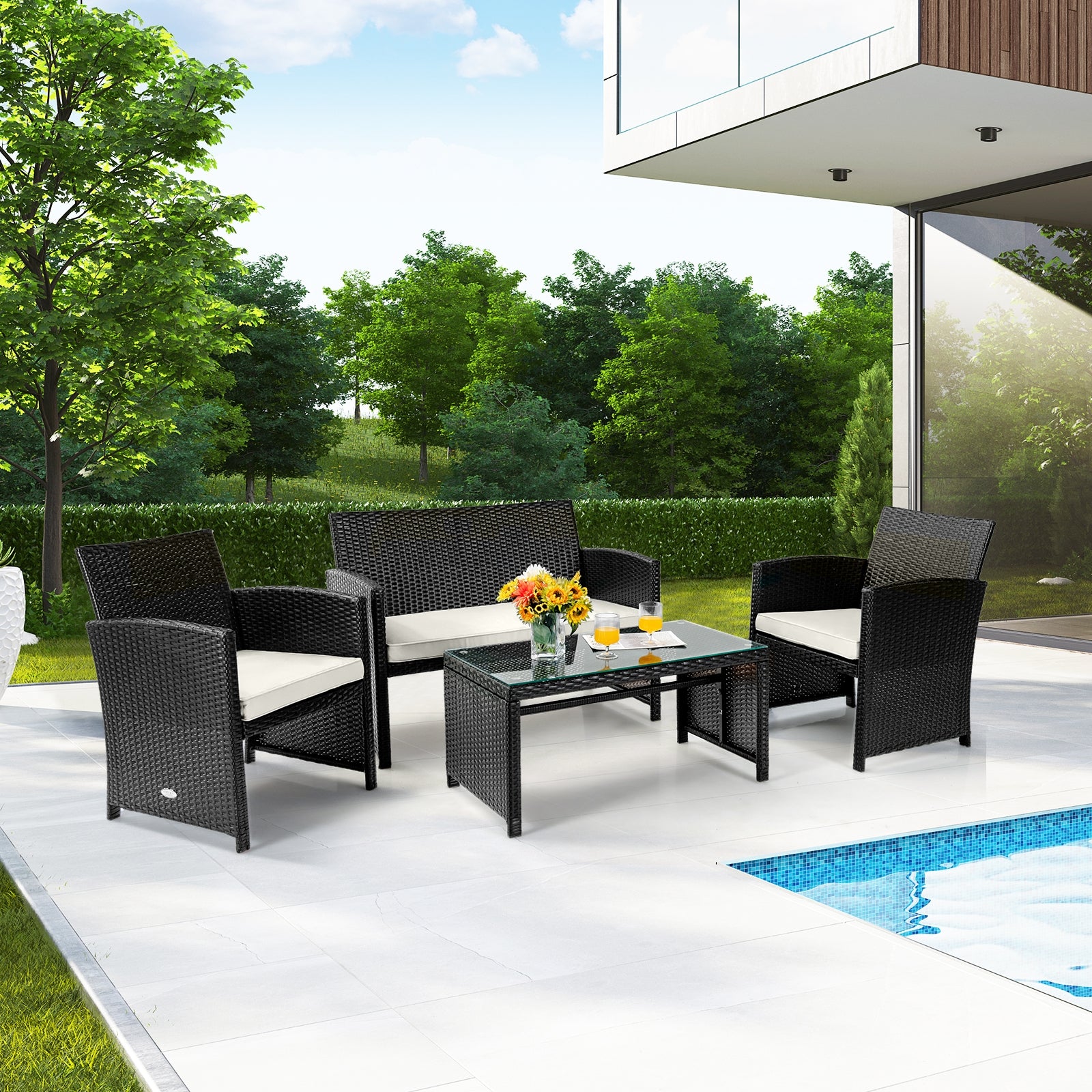 4Pcs Patio Rattan Cushioned Furniture Set, White Patio Conversation Sets at Gallery Canada