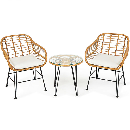 3 Pieces Rattan Furniture Set with Cushioned Chair Table, White Patio Conversation Sets White at Gallery Canada