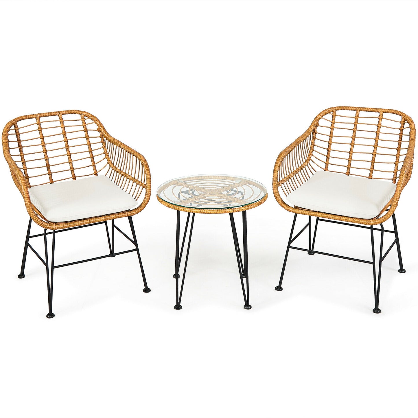 3 Piece Rattan Furniture Set, Cushioned Chair Table, White Patio Conversation Sets at Gallery Canada