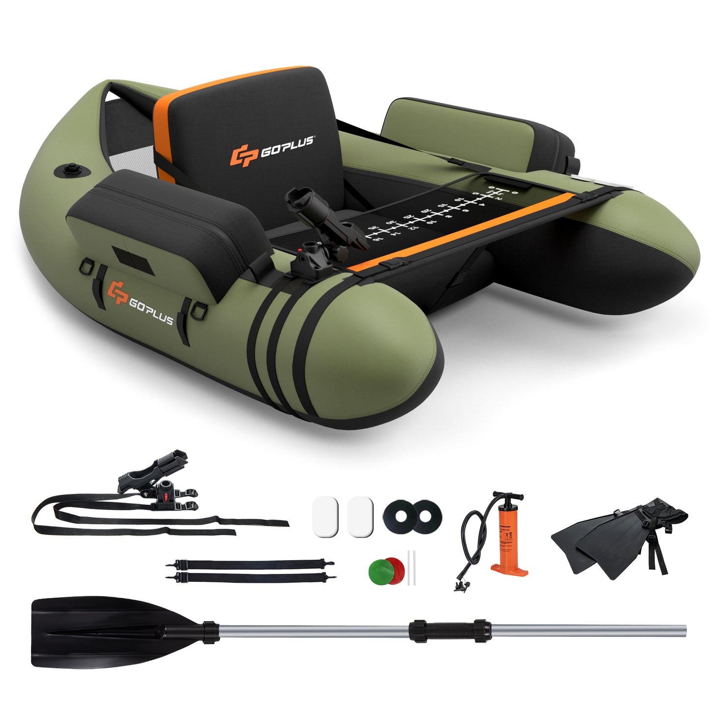 Inflatable Fishing Float Tube, With Storage Pockets And Fish Ruler, Green