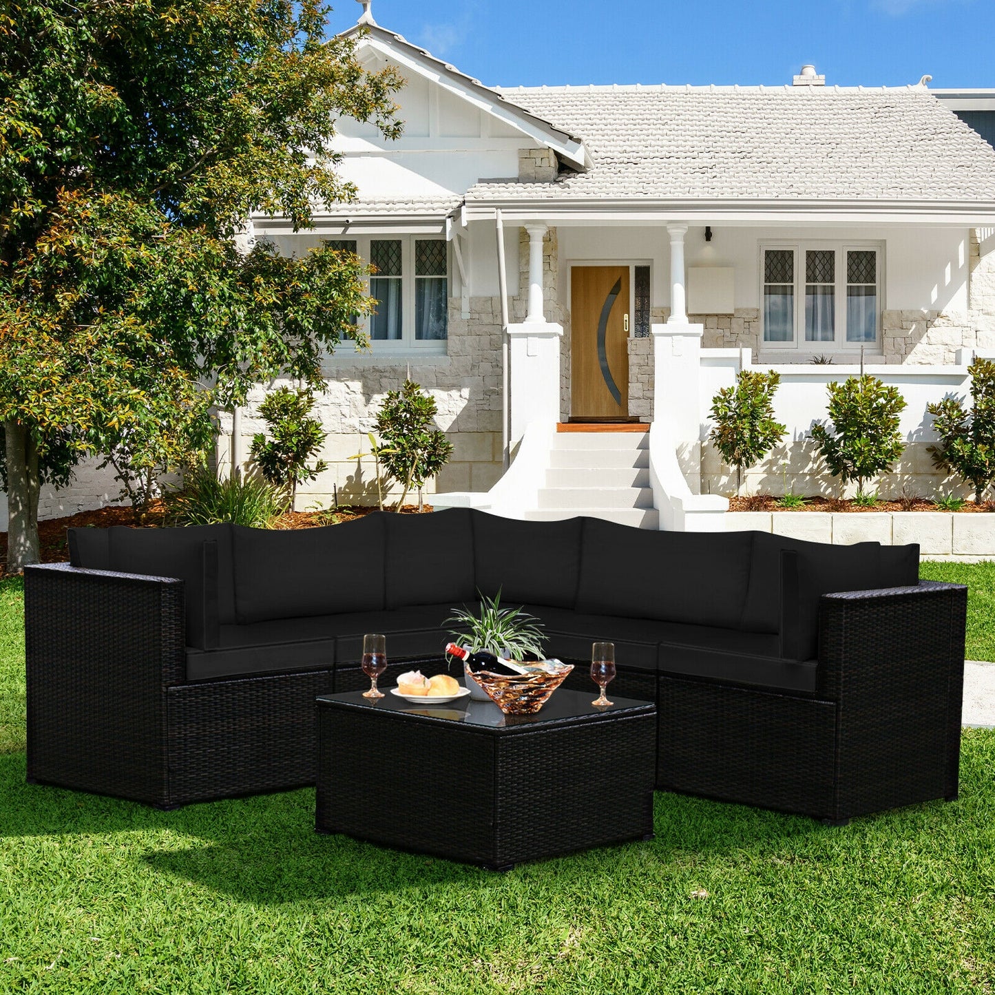 6 Pieces Patio Furniture Sofa Set with Cushions for Outdoor, Black Outdoor Sectionals at Gallery Canada