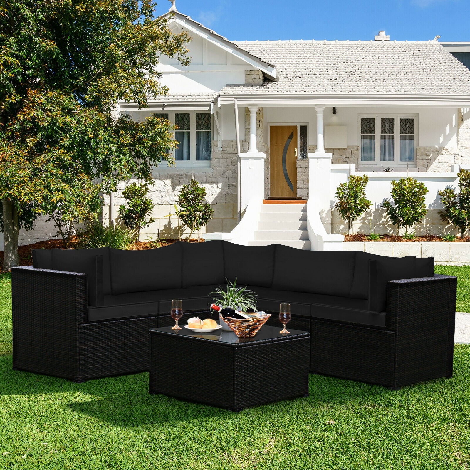 6 Pieces Patio Furniture Sofa Set with Cushions for Outdoor, Black Outdoor Sectionals at Gallery Canada