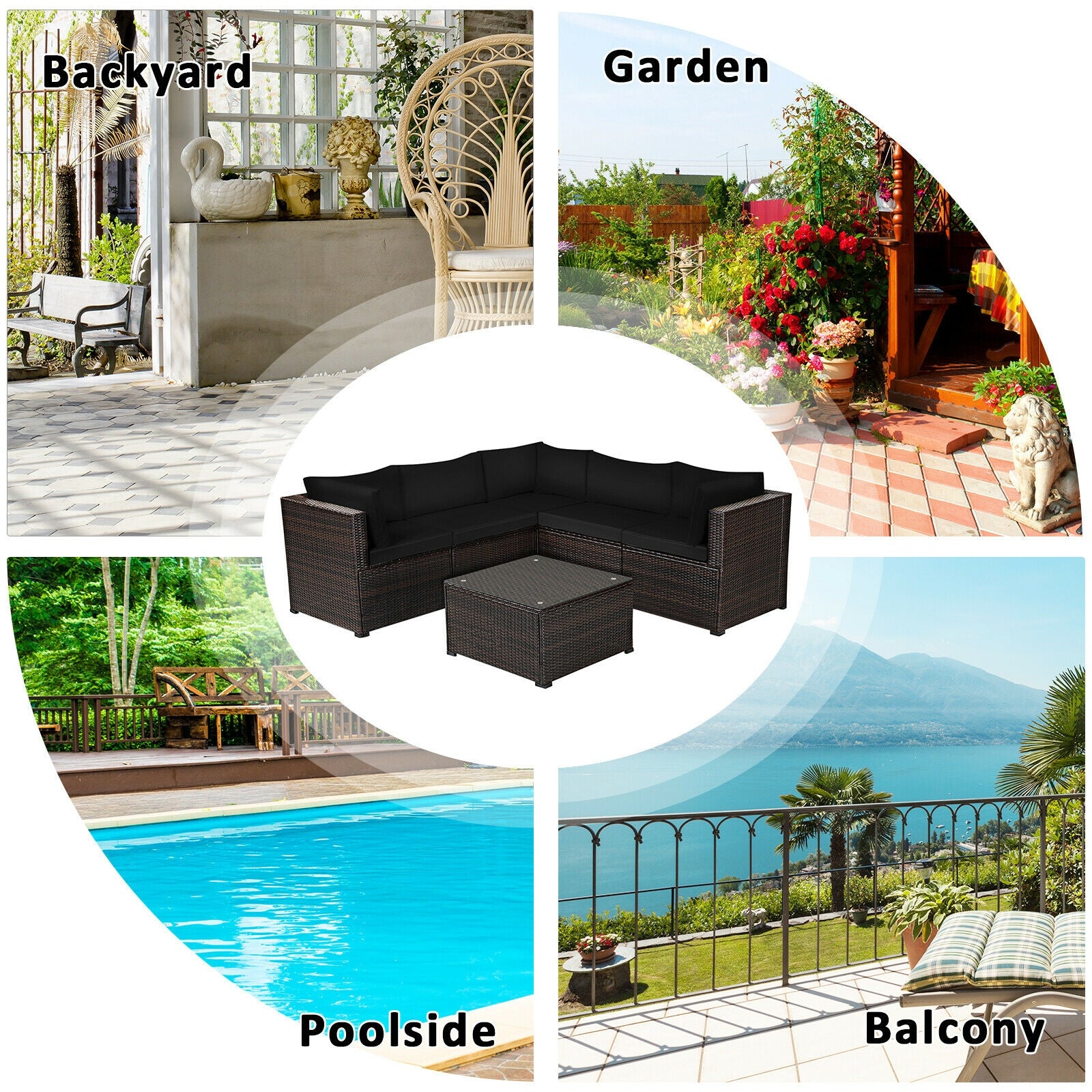 6 Pieces Patio Furniture Sofa Set with Cushions for Outdoor, Black Outdoor Sectionals at Gallery Canada