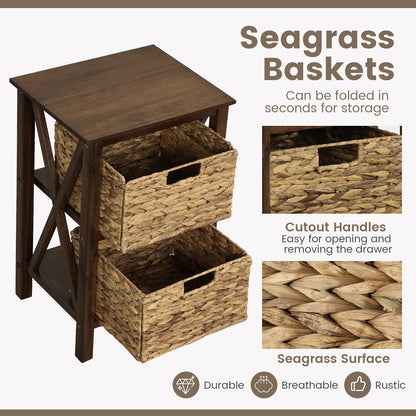 3-Tier Nightstand with 2 Seagrass Baskets Narrow X-Design, Walnut