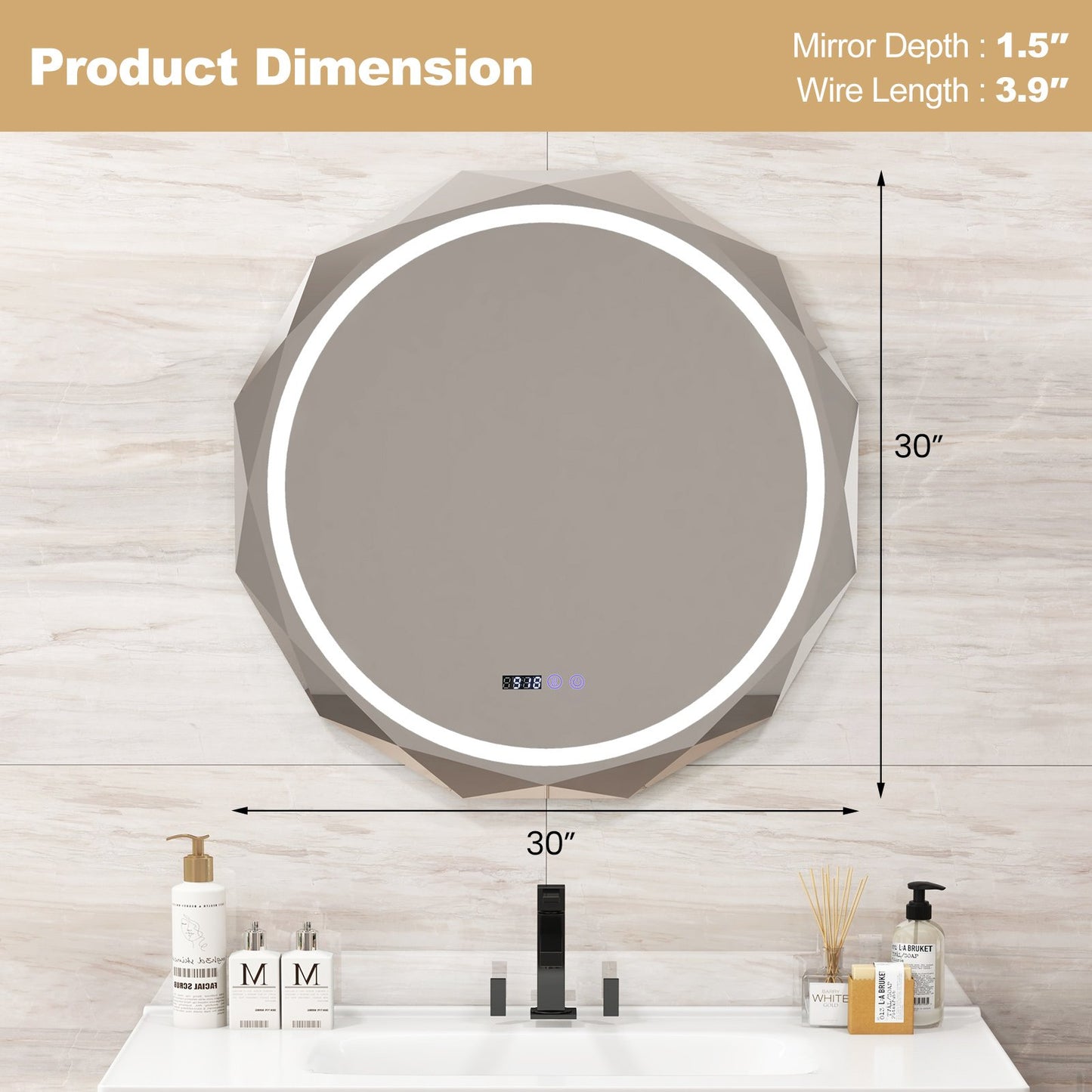 Defogging LED Bathroom Mirror with Stepless 3 Colors Temperature, White