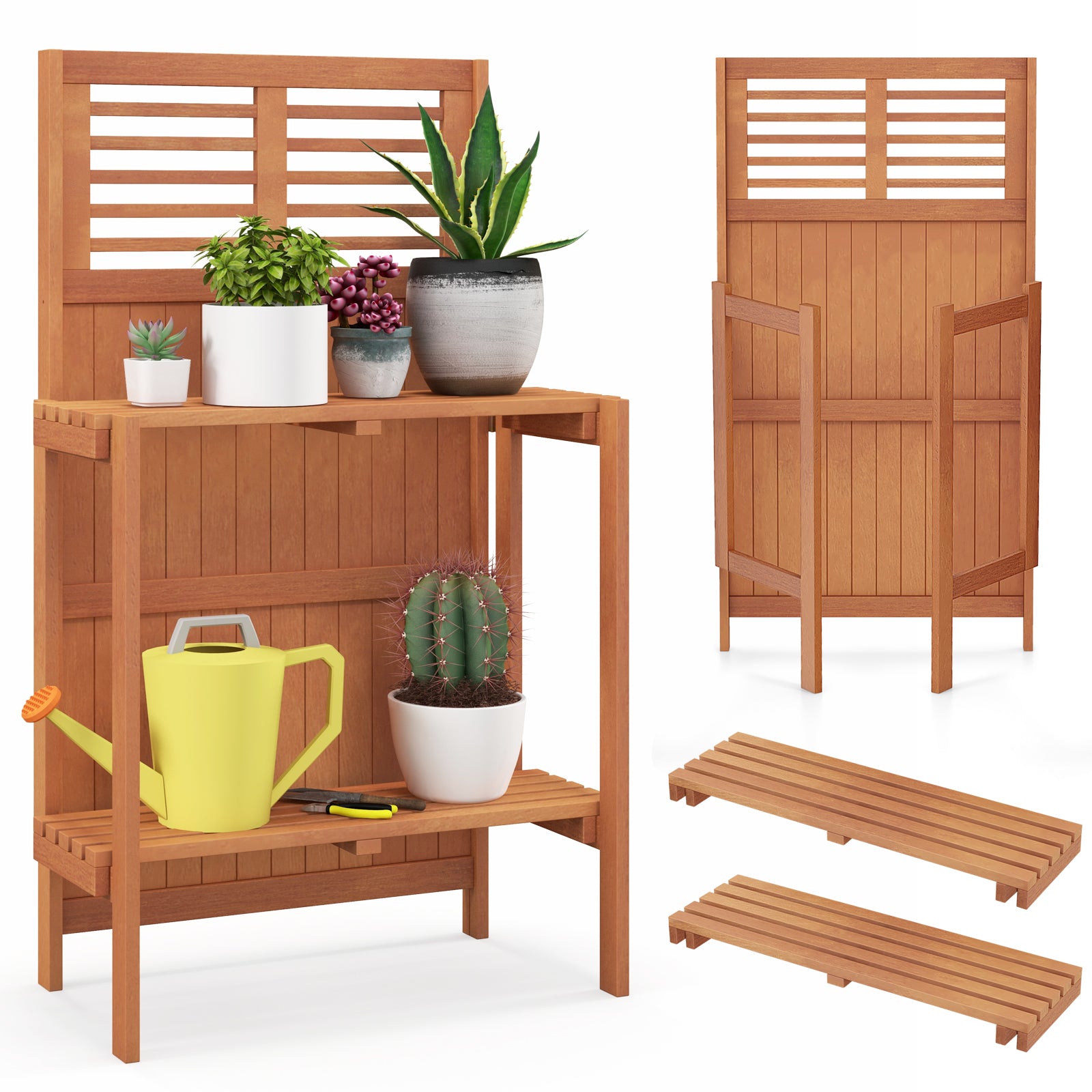Folding Potting Bench, 2-Tier Storage Shelves, Teak Oil Finish, Natural Potting Benches & Tables at Gallery Canada