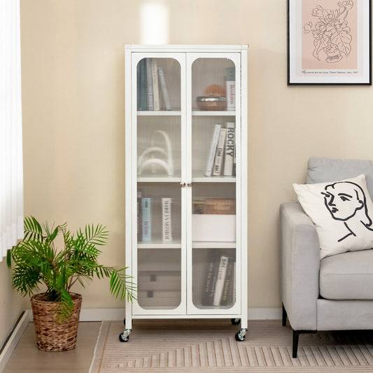 Glass Doors Storage Cabinet with Wheels and Adjustable Shelves, White - Gallery Canada
