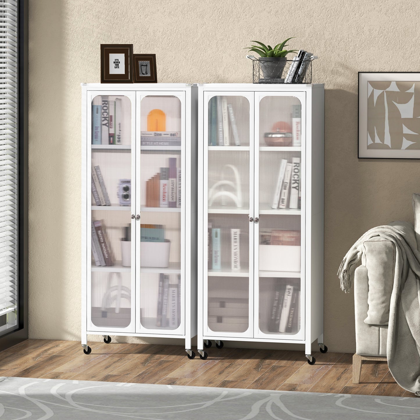 Glass Door Storage Cabinet With Wheels, Adjustable Shelves, White Cabinets & Chests at Gallery Canada