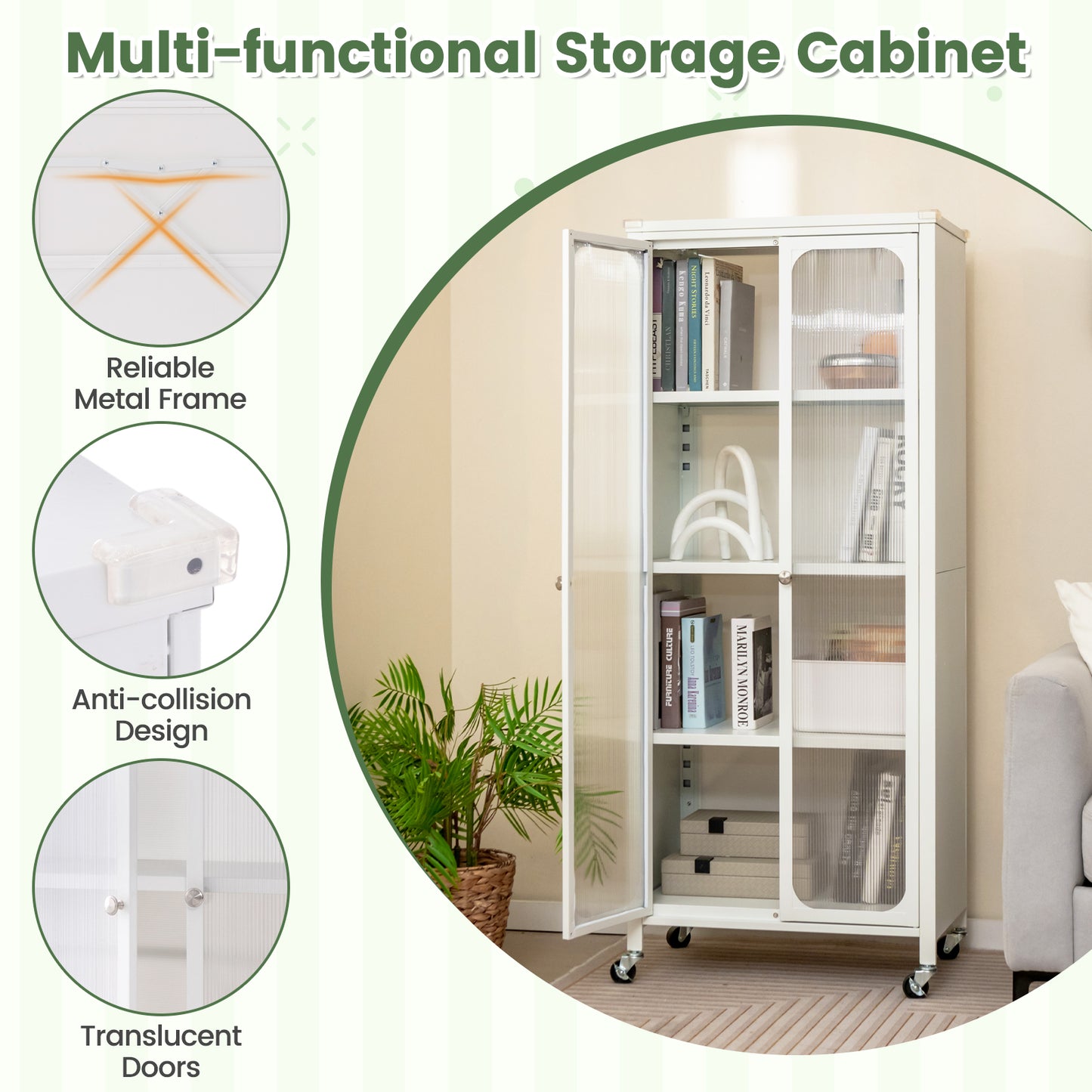 Glass Door Storage Cabinet With Wheels, Adjustable Shelves, White Cabinets & Chests at Gallery Canada