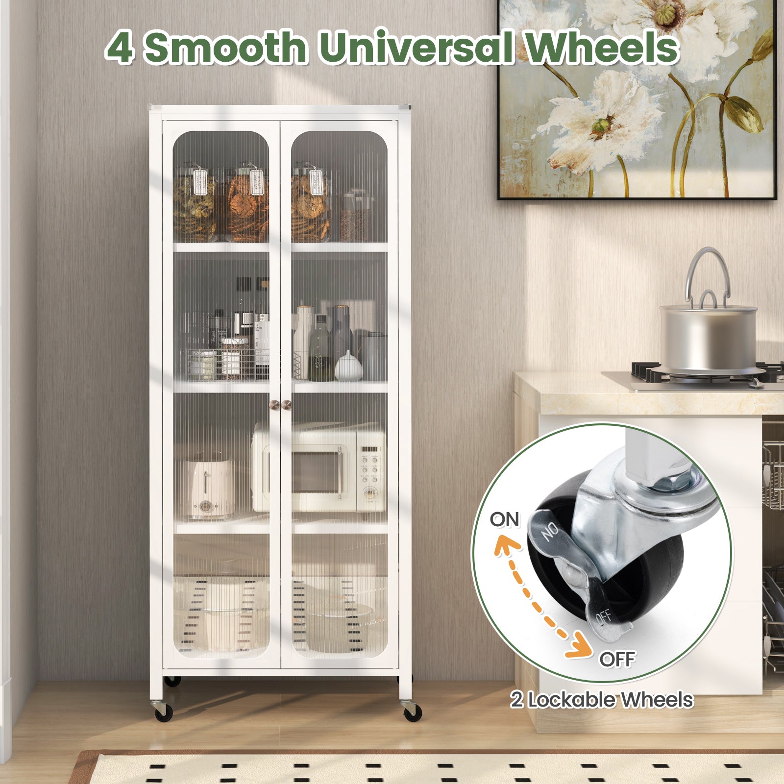 Glass Door Storage Cabinet With Wheels, Adjustable Shelves, White Cabinets & Chests at Gallery Canada