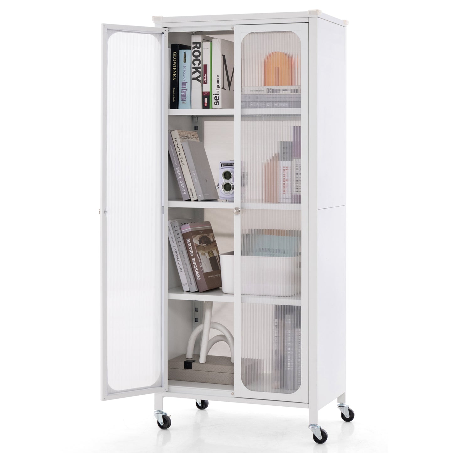 Glass Door Storage Cabinet With Wheels, Adjustable Shelves, White Cabinets & Chests at Gallery Canada