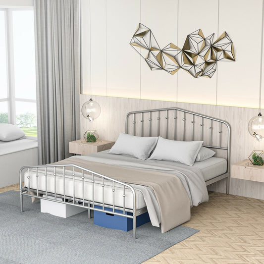 Queen Size Metal Bed Frame Platform Headboard and Footboard with Storage, Silver - Gallery Canada