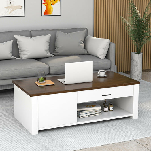 Modern Coffee Table with Front Back Drawers and Compartments for Living Room, Brown & White - Gallery Canada