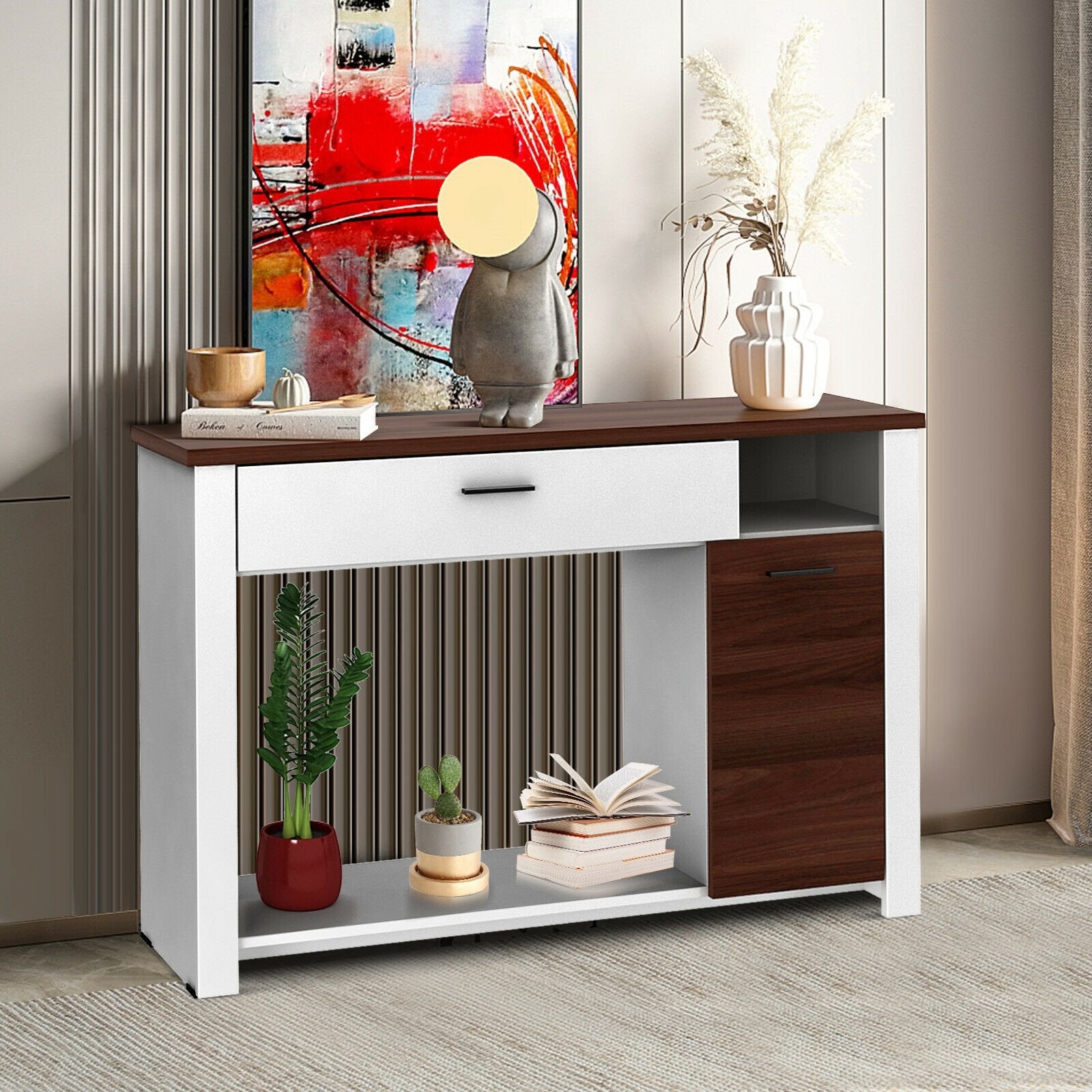 48 Inch Console Table with Drawer and Cabinet, Brown & White - Gallery Canada
