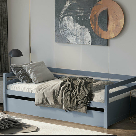 Twin Size Trundle Platform Bed Frame with  Wooden Slat Support, Gray - Gallery Canada
